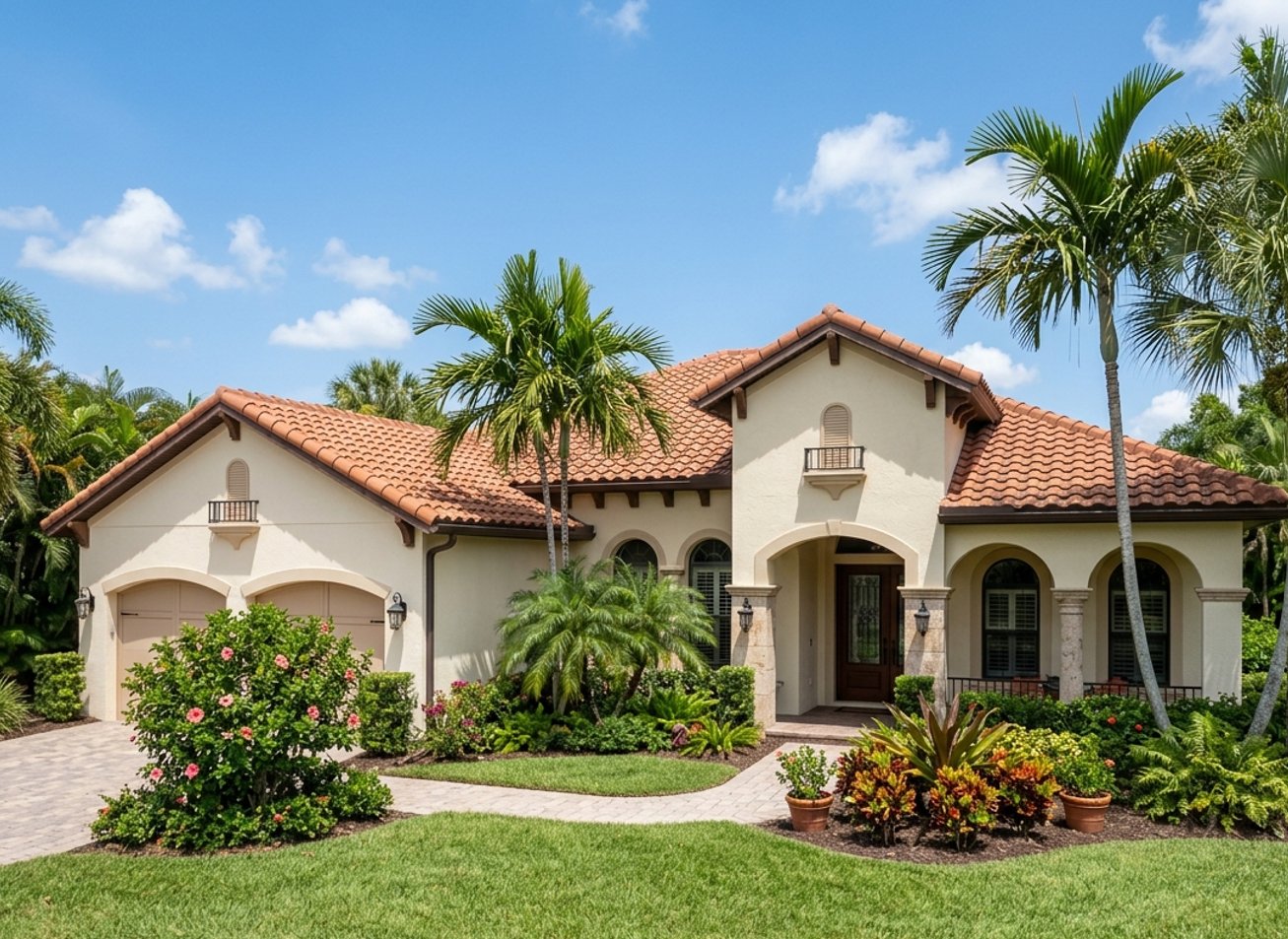 Florida home in Palm Beach County with a terracotta clay tile roof, palms and tropical landscaping