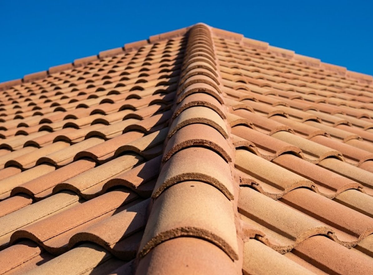 Close-up of a terracotta clay tile roof showing clean, even overlapping rows and ridge caps against a blue Florida sky